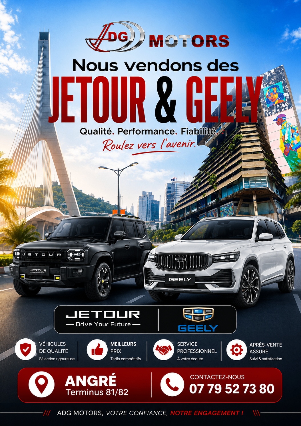 Déclinaison de l'affiche DG Motors Jetour et Geely avec cadrage élargi