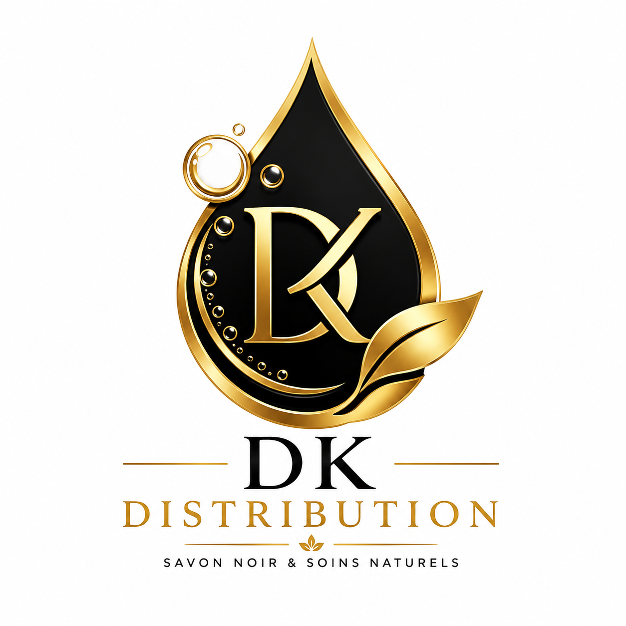 Logo DK Distribution en goutte noire et or avec monogramme DK, bulles et feuille