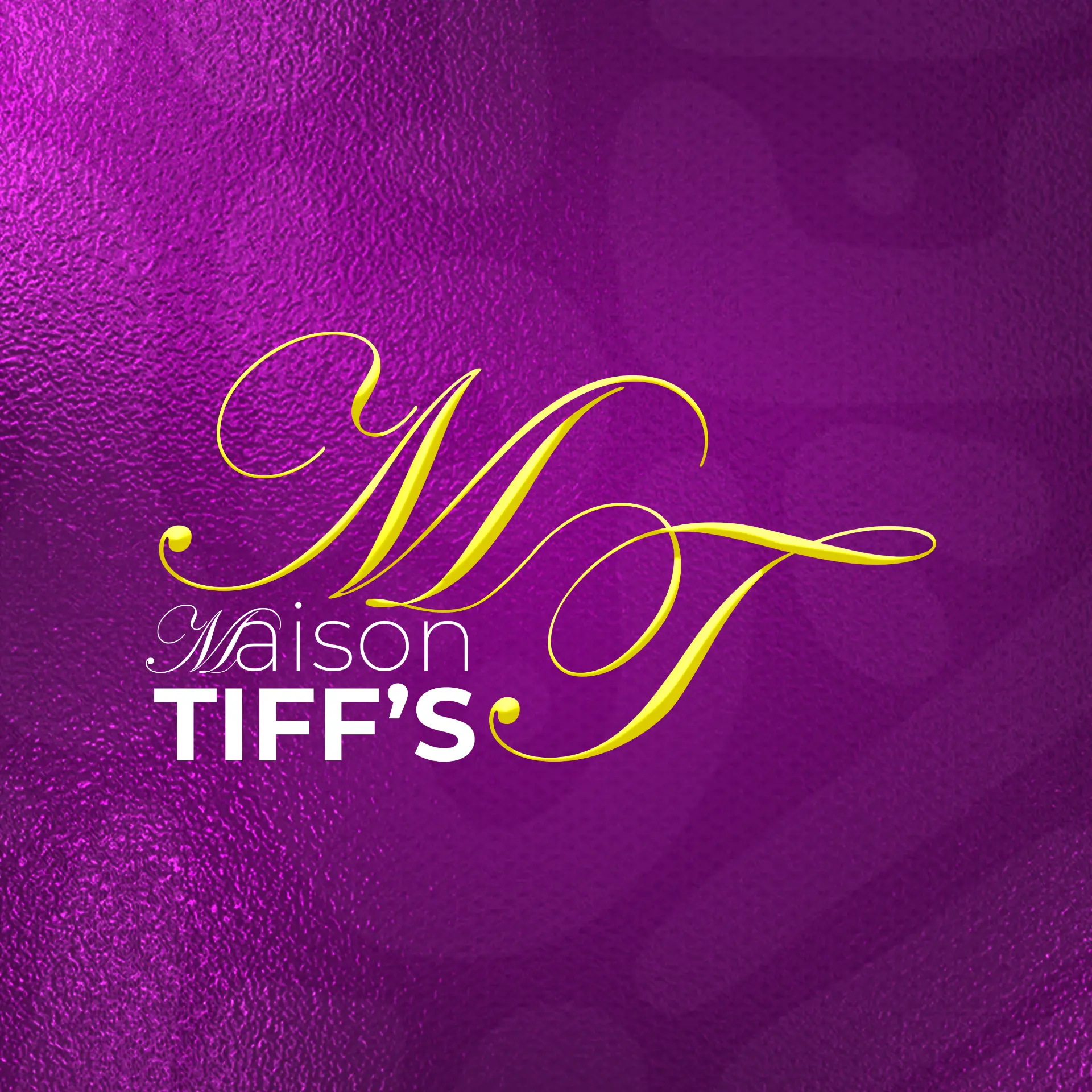 Logo Maison TIFF'S, monogramme MT calligraphié jaune sur fond violet métallisé