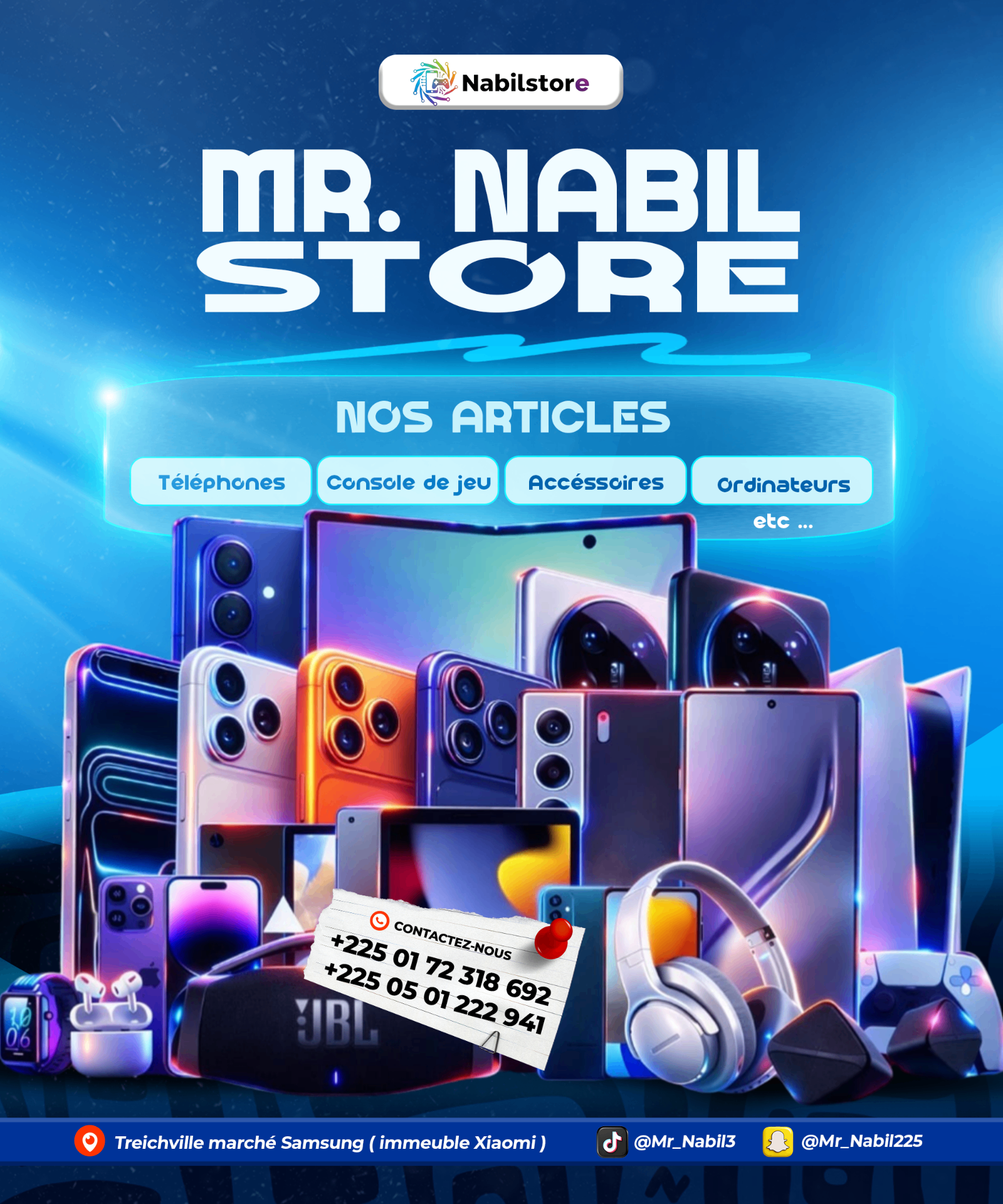 Visuel Mr. Nabil Store présentant téléphones, consoles et accessoires