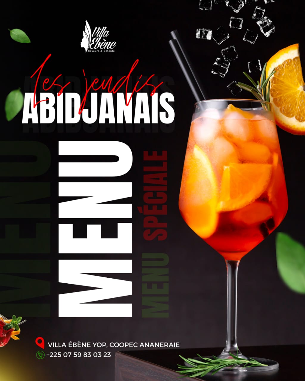 Affiche Les Jeudis Abidjanais de Villa Ébène avec cocktail et typographie massive