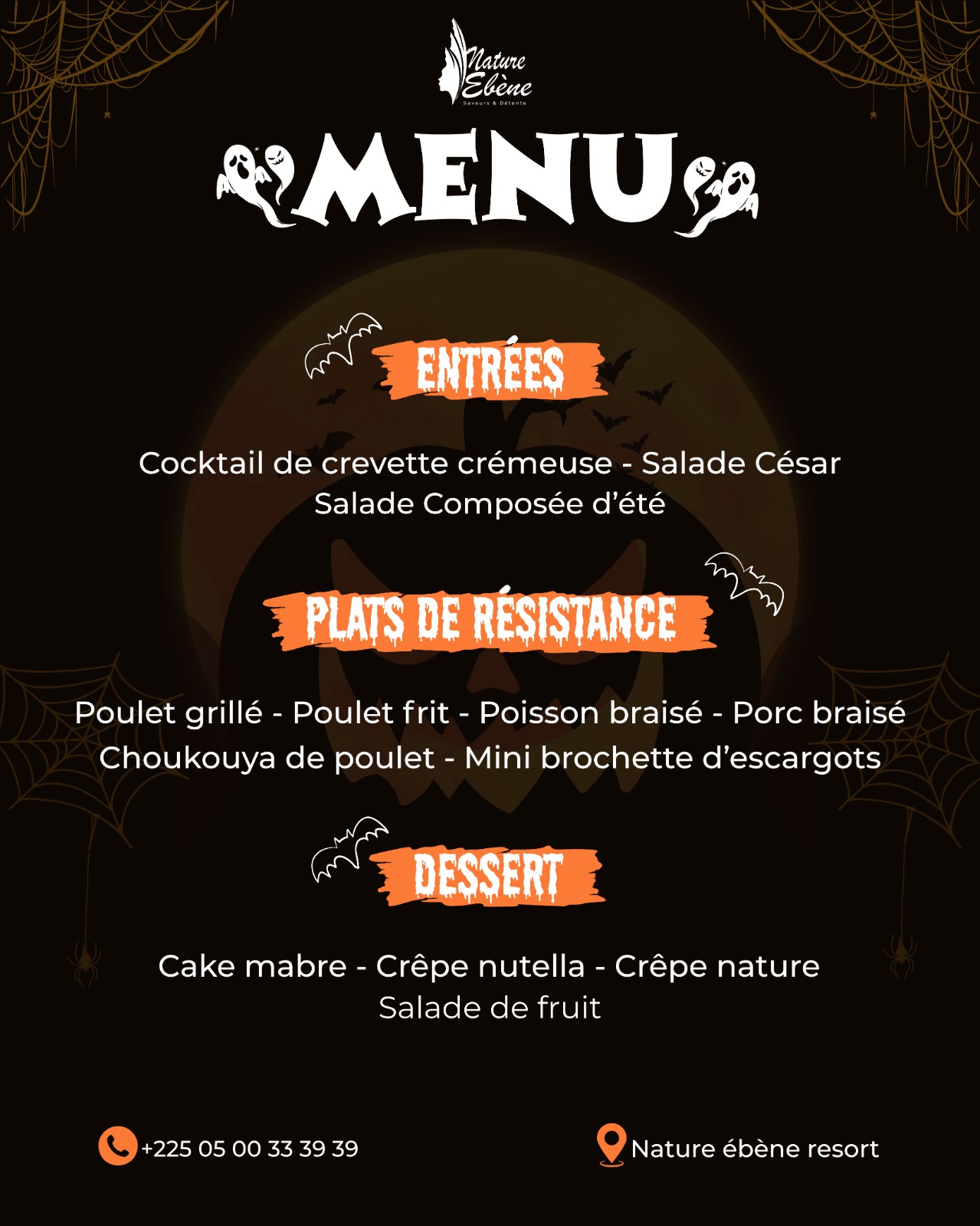 Menu Halloween de Nature Ébène Resort avec entrées, plats et desserts