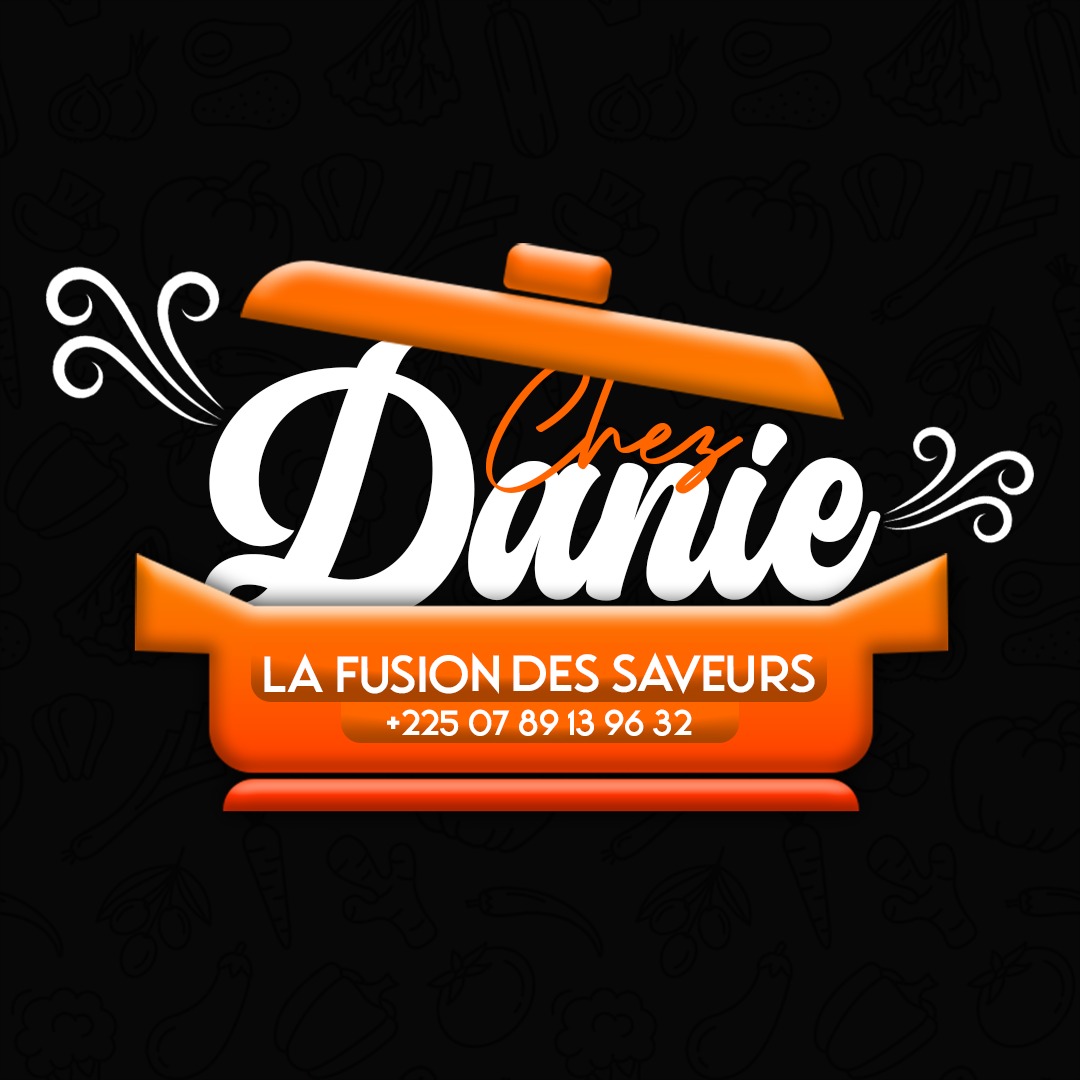 Logo Chez Danie, marmite orange et lettrage script blanc sur fond noir