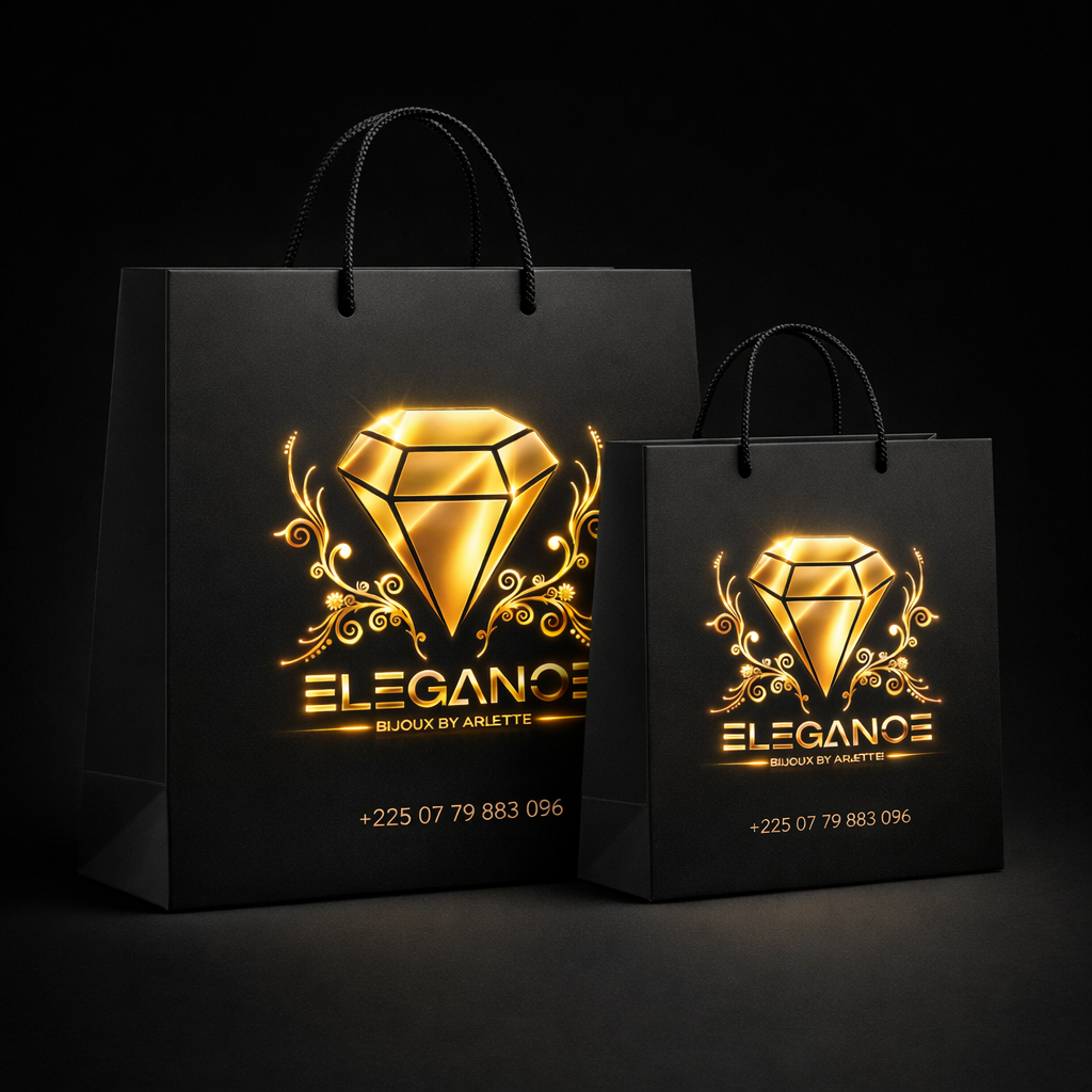 Sacs cadeaux noirs Elegance Bijoux by Arlette avec logo diamant doré