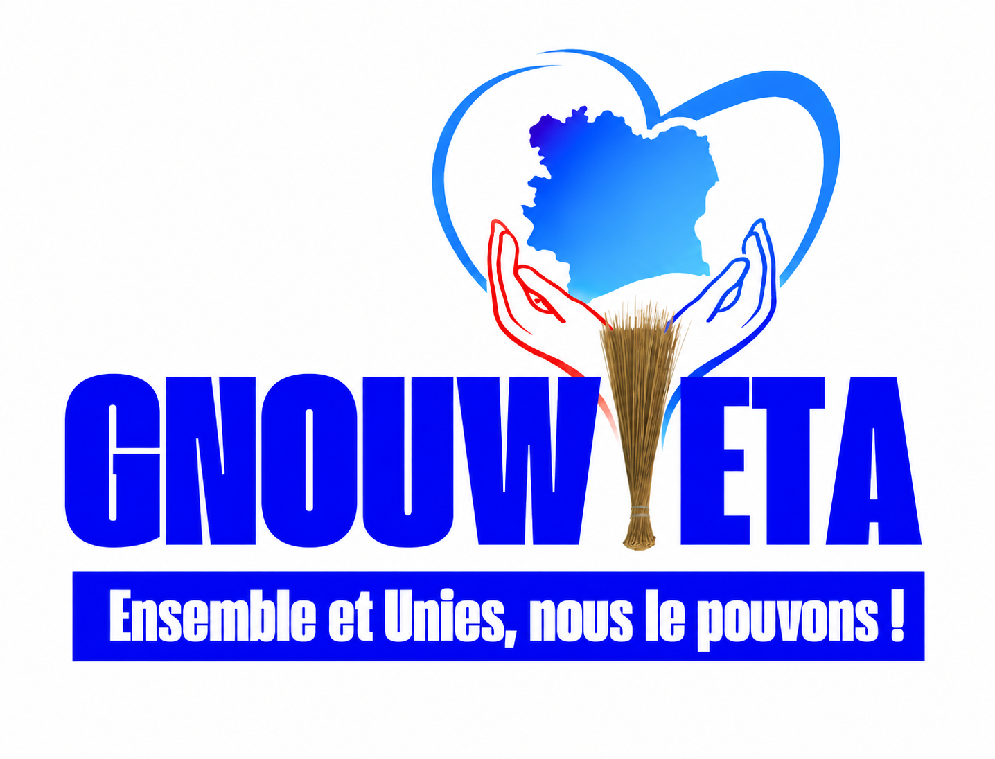 Logo GNOUWETA avec carte de Côte d'Ivoire, cœur bleu, mains et balai traditionnel