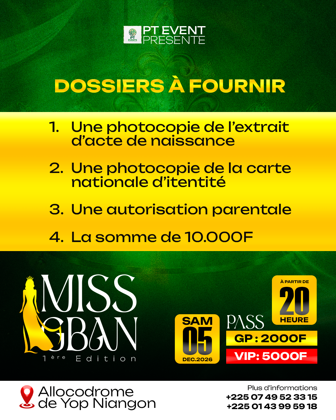 Affiche Miss Gban listant les dossiers à fournir pour candidater