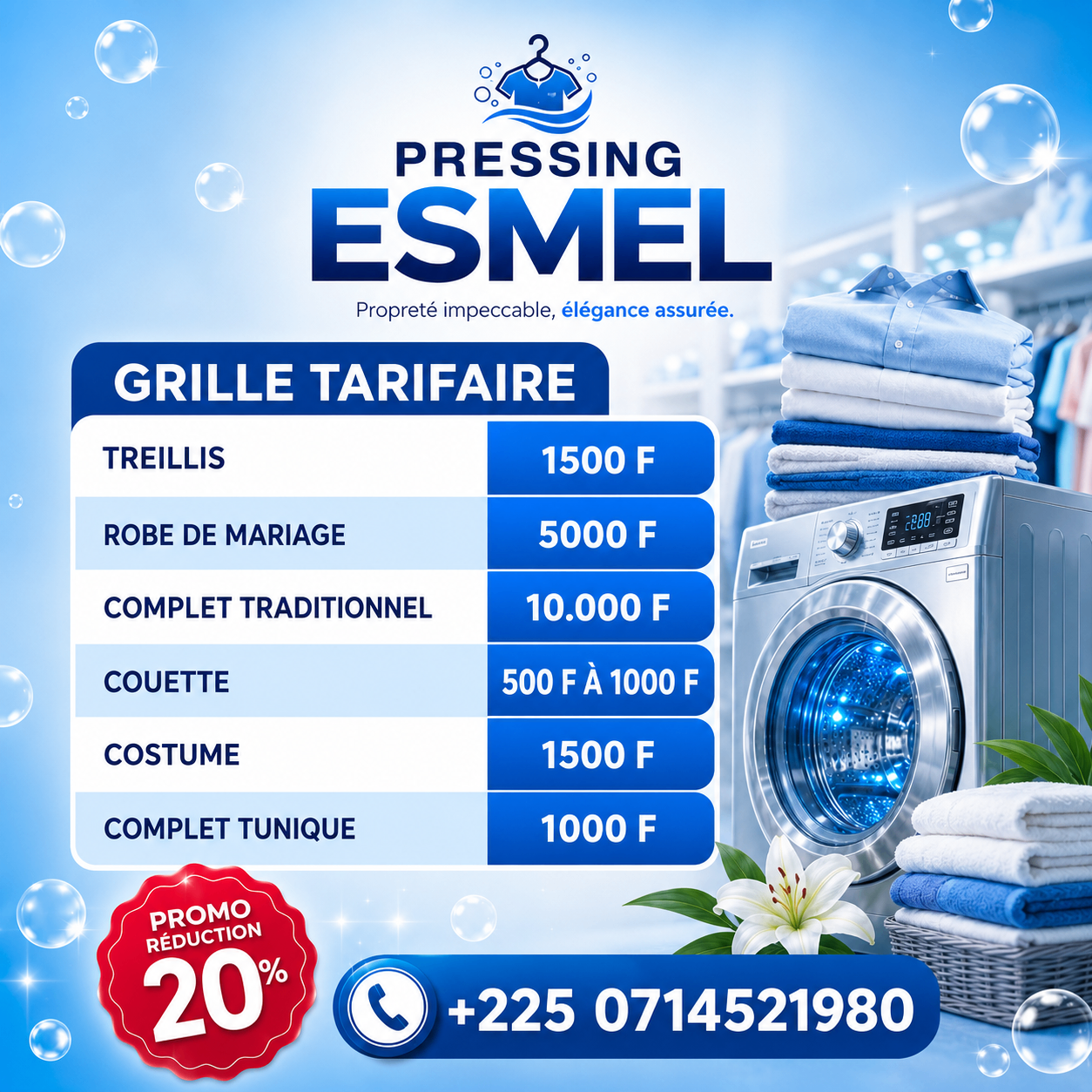 Visuel Pressing Esmel présentant la grille tarifaire en bleu avec machine à laver et linge plié