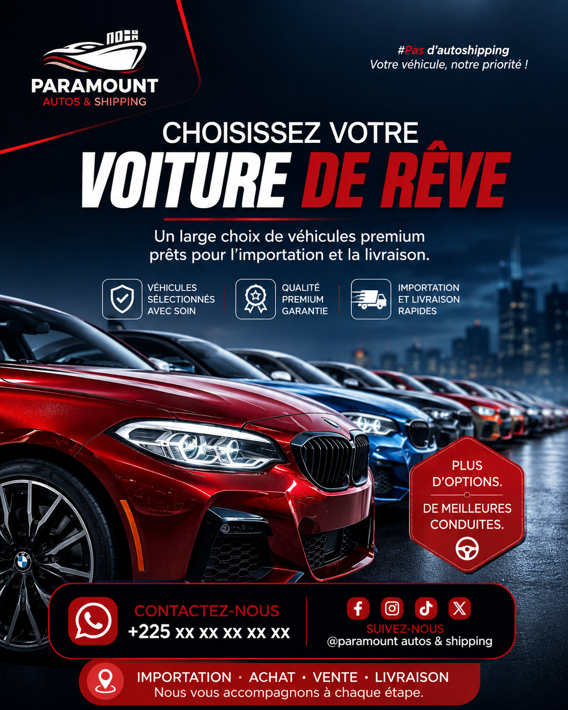 Affiche Paramount Autos & Shipping avec alignement de véhicules premium la nuit