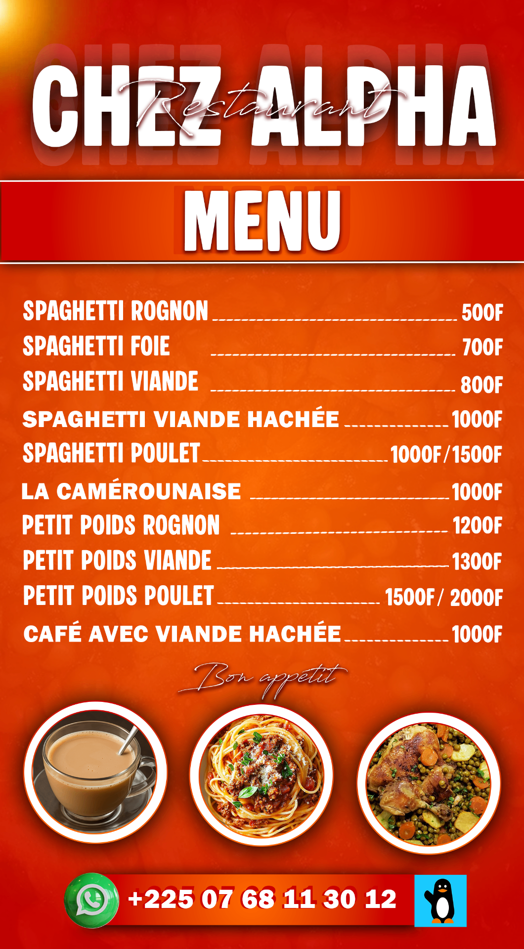 Menu du restaurant Chez Alpha, fond orange et liste de plats avec prix