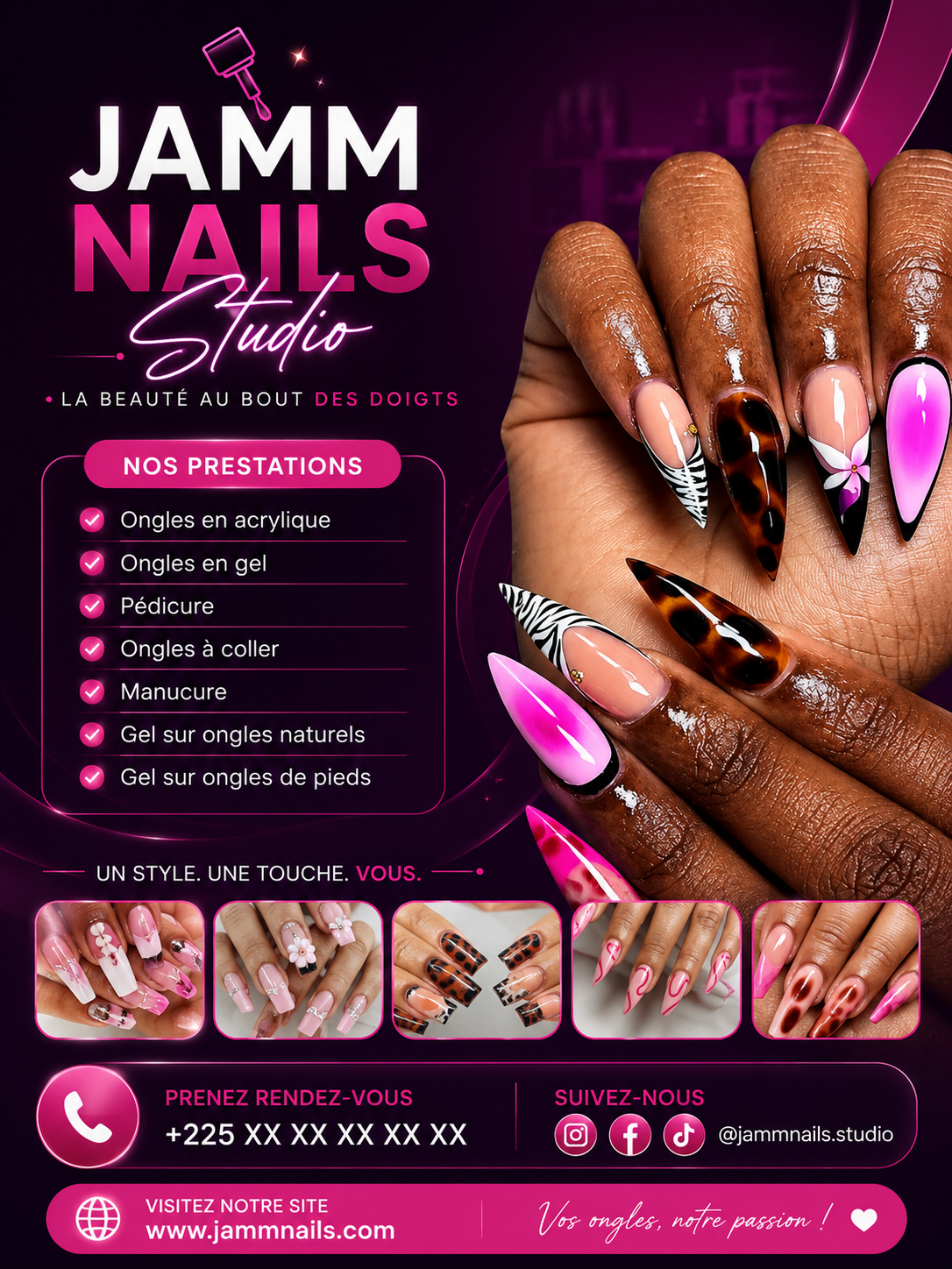 Affiche Jamm Nails Studio rose et noire présentant les prestations d'onglerie