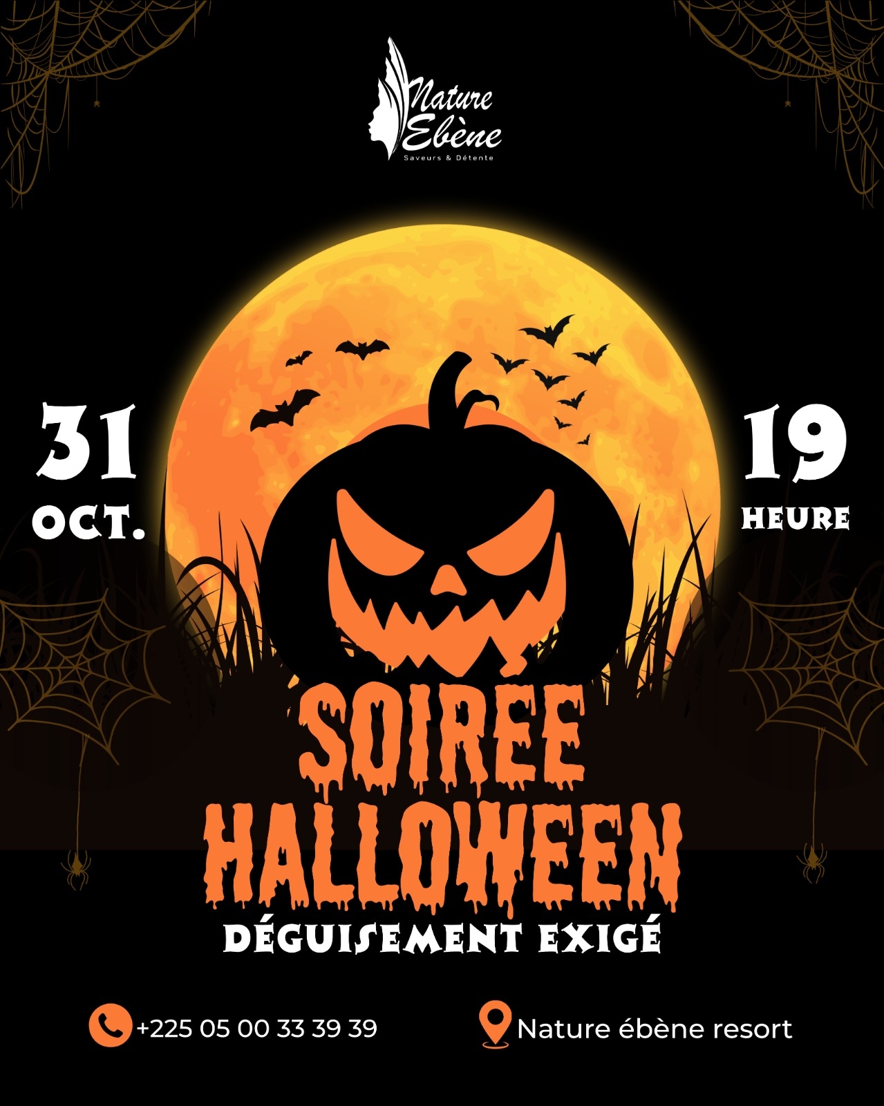 Affiche Soirée Halloween de Nature Ébène Resort avec citrouille et pleine lune