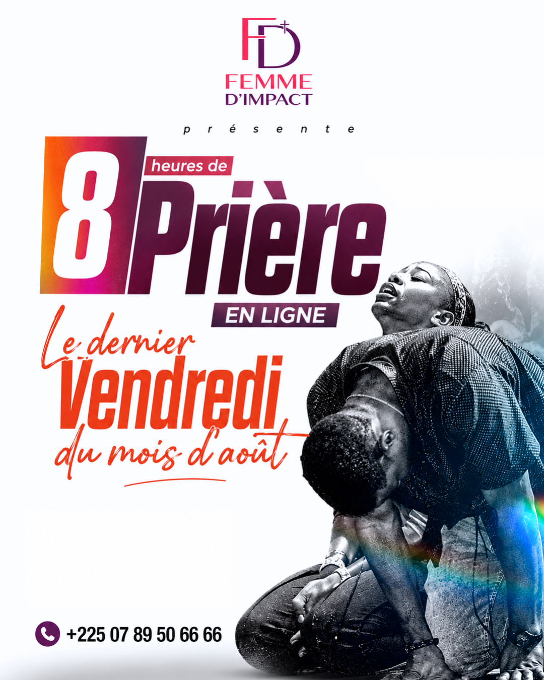 Affiche Femme d'Impact 8 heures de prière en ligne le dernier vendredi du mois d'août