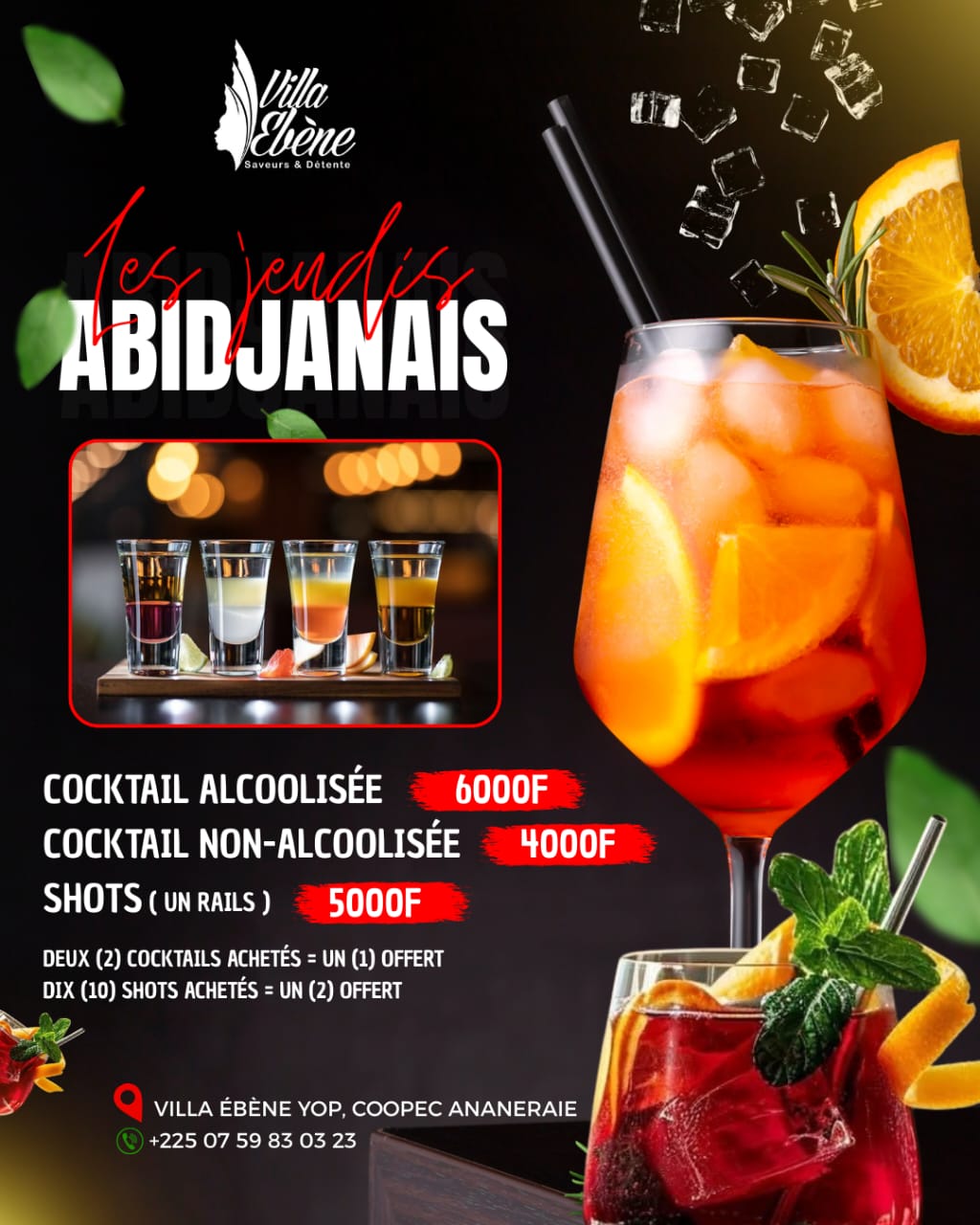 Visuel promotionnel de cocktails et shots avec grille de prix