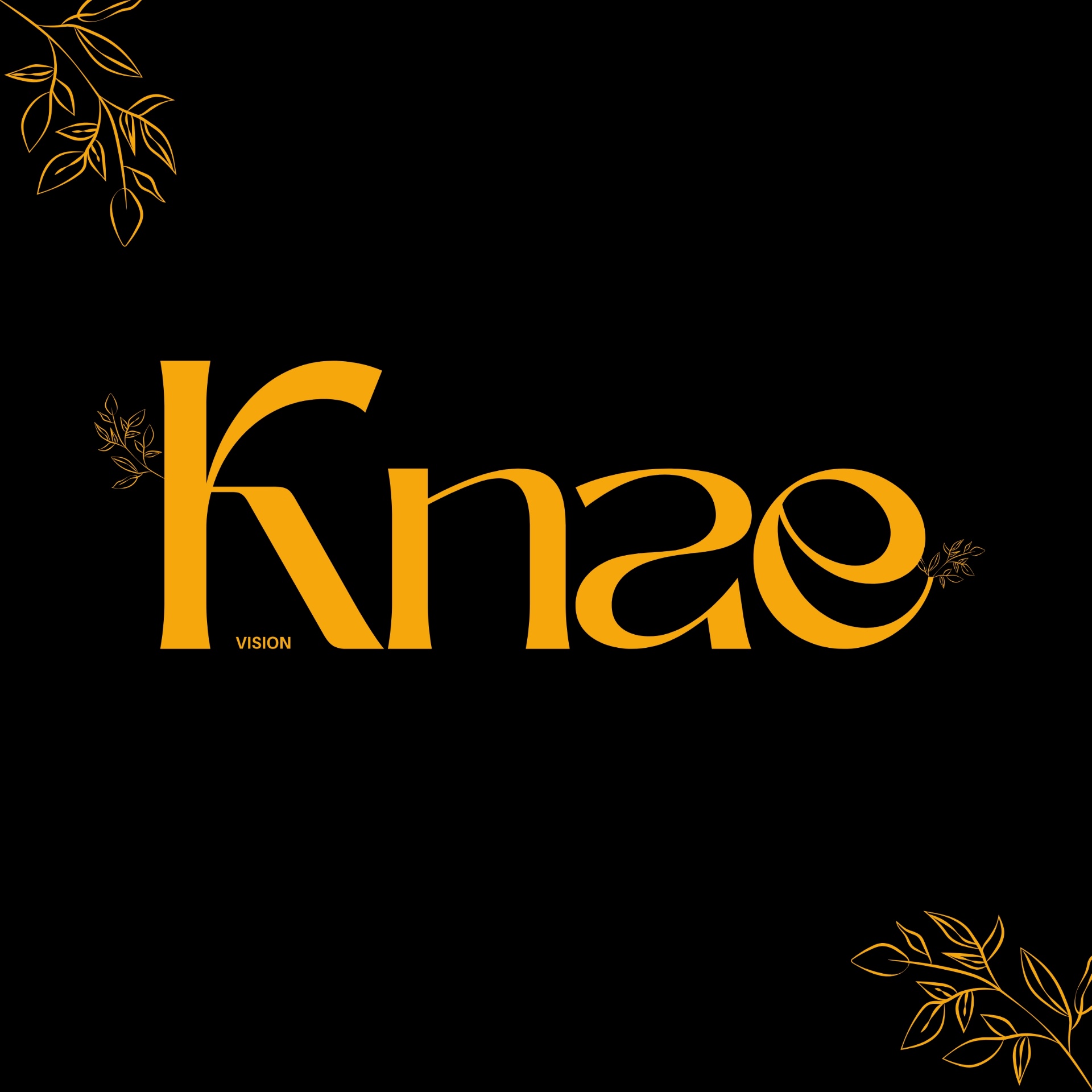 Logotype Knae Vision doré sur fond noir avec feuillages dorés