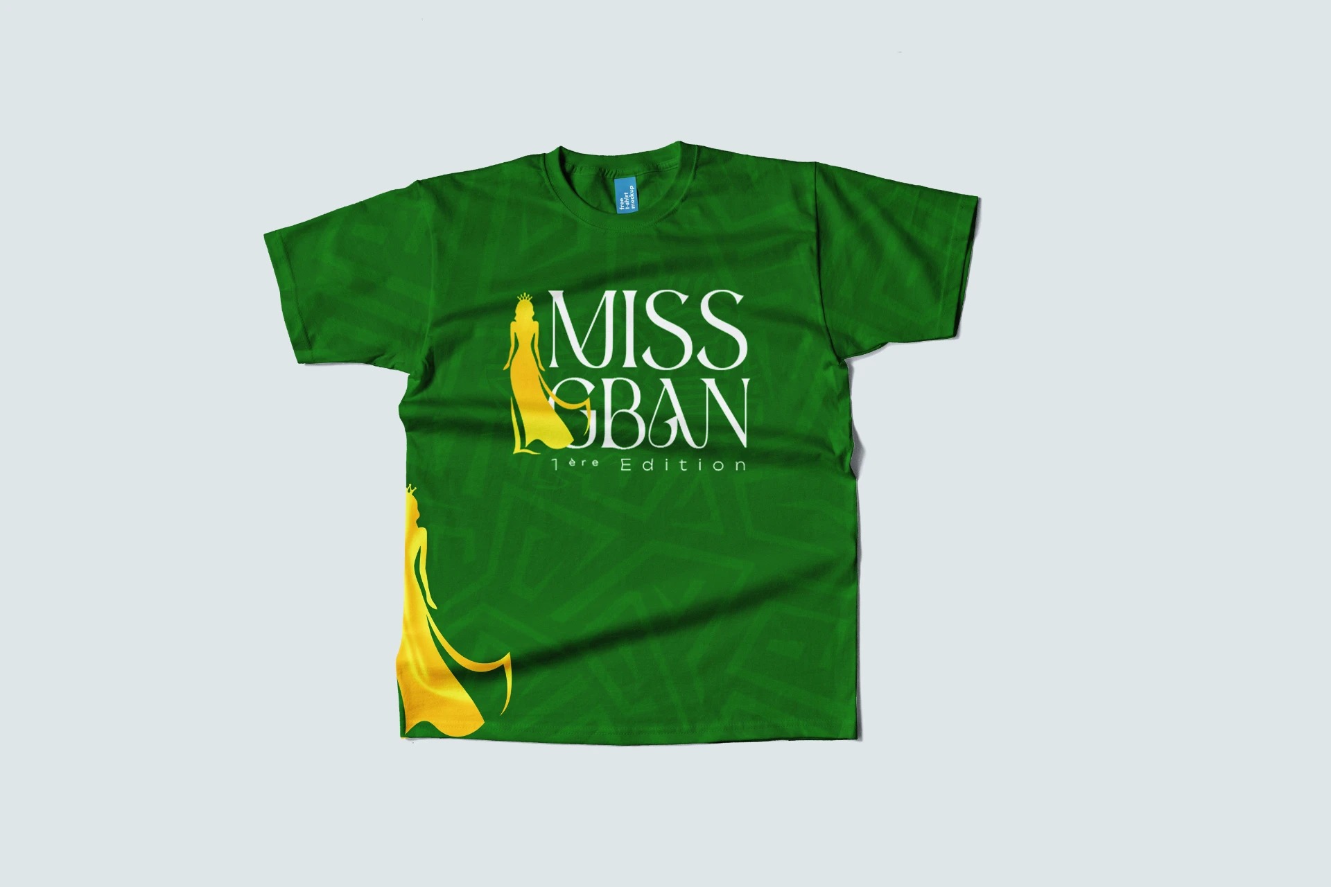 T-shirt vert Miss Gban 1ère édition (face) avec silhouette couronnée dorée