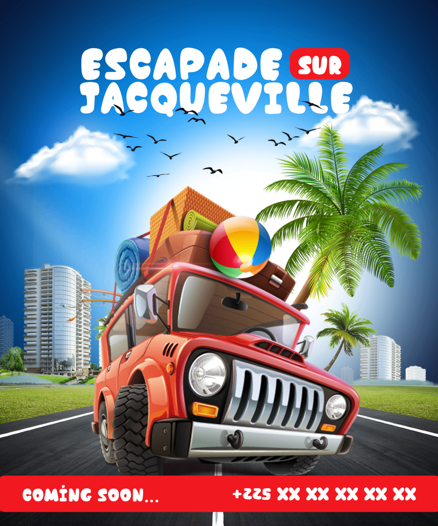 Affiche Escapade sur Jacqueville avec 4x4 rouge chargé et palmiers