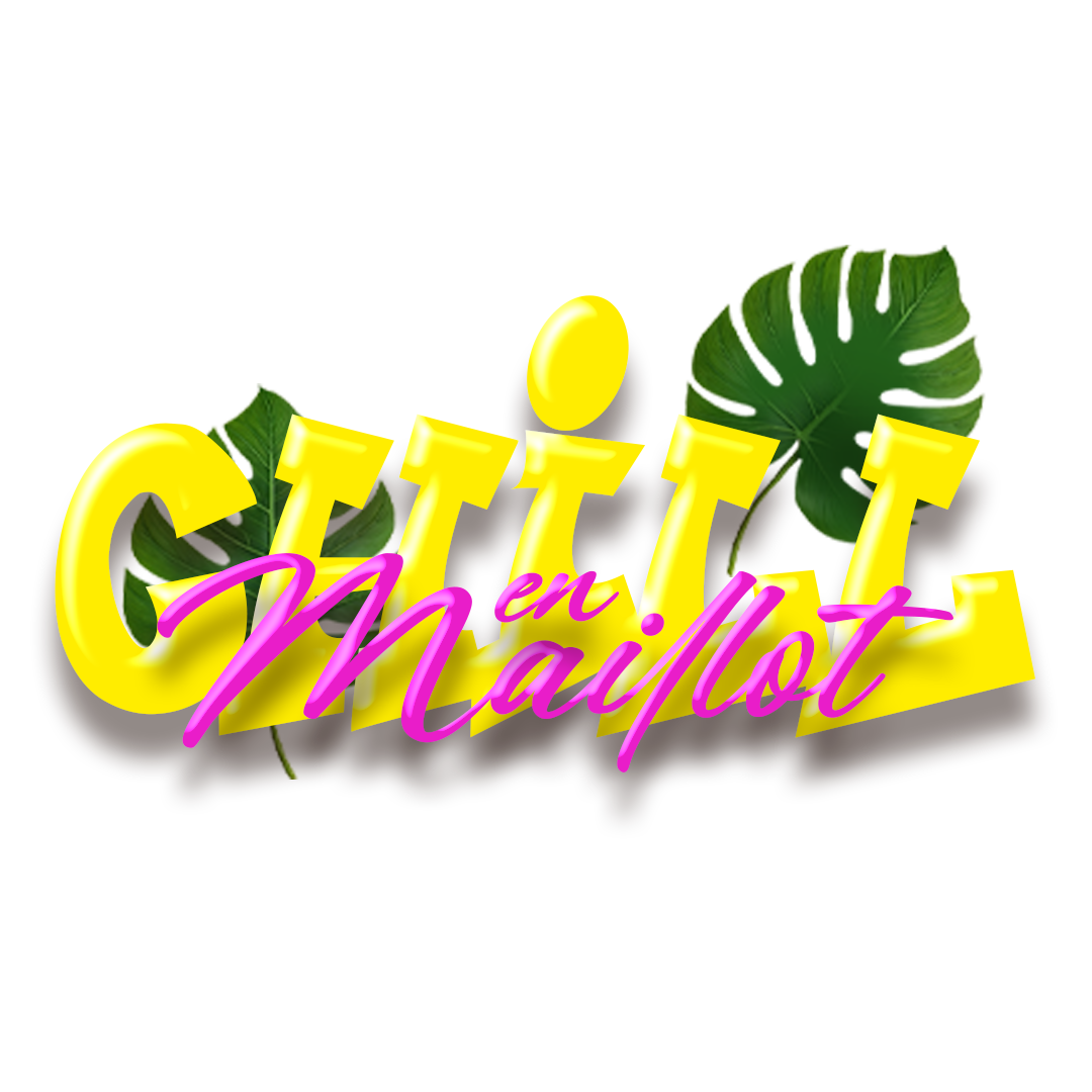 Logo Chill en Maillot en lettrage jaune et rose avec feuilles tropicales