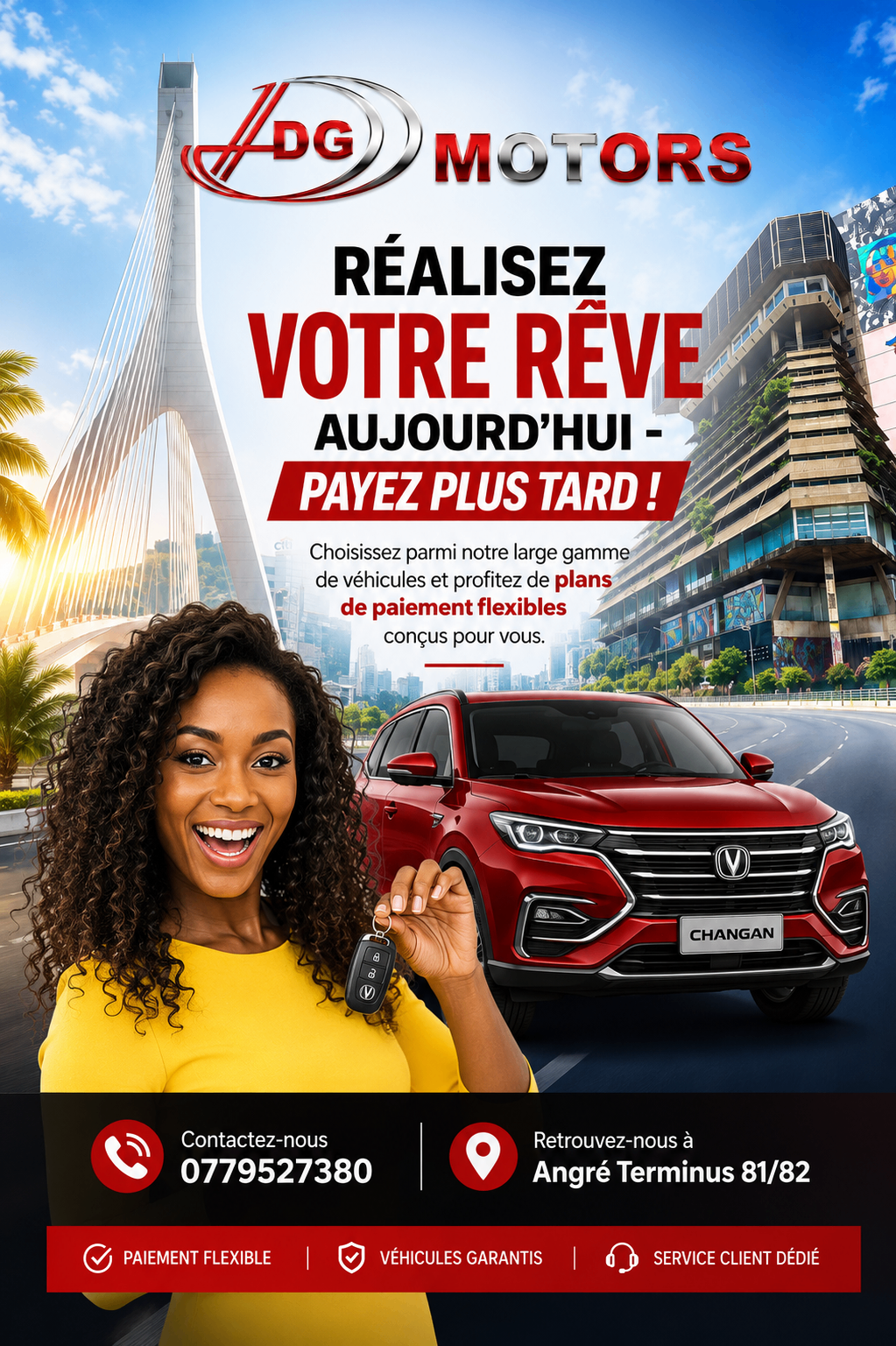 Affiche DG Motors Réalisez votre rêve aujourd'hui payez plus tard avec SUV rouge Changan