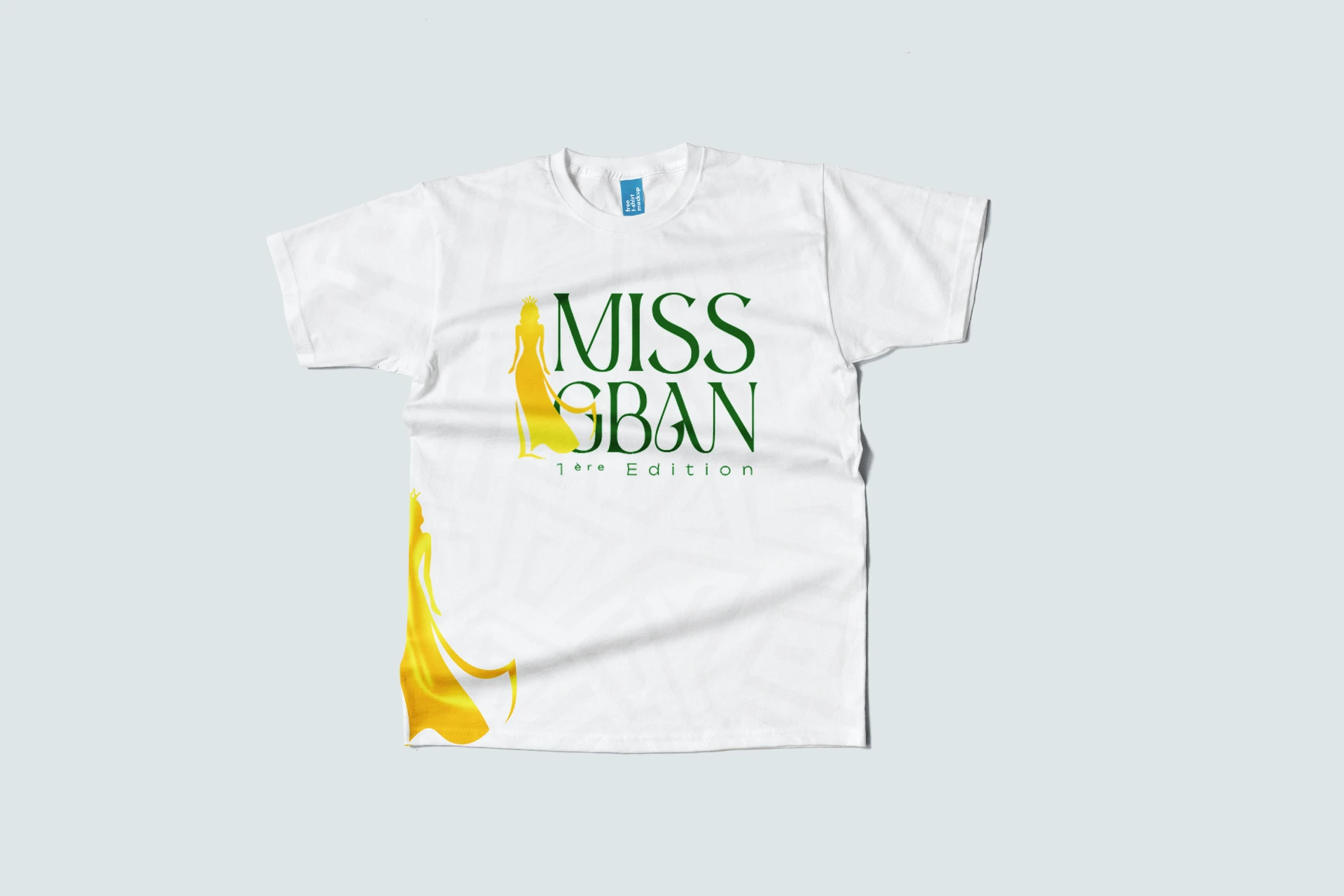 T-shirt blanc Miss Gban 1ère édition (face) avec silhouette couronnée dorée