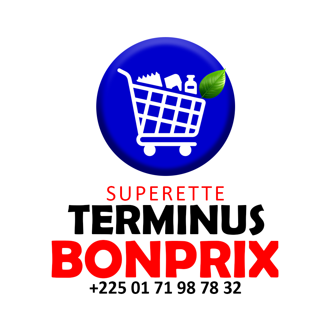 Logo Supérette Terminus Bonprix, caddie blanc sur pastille bleue