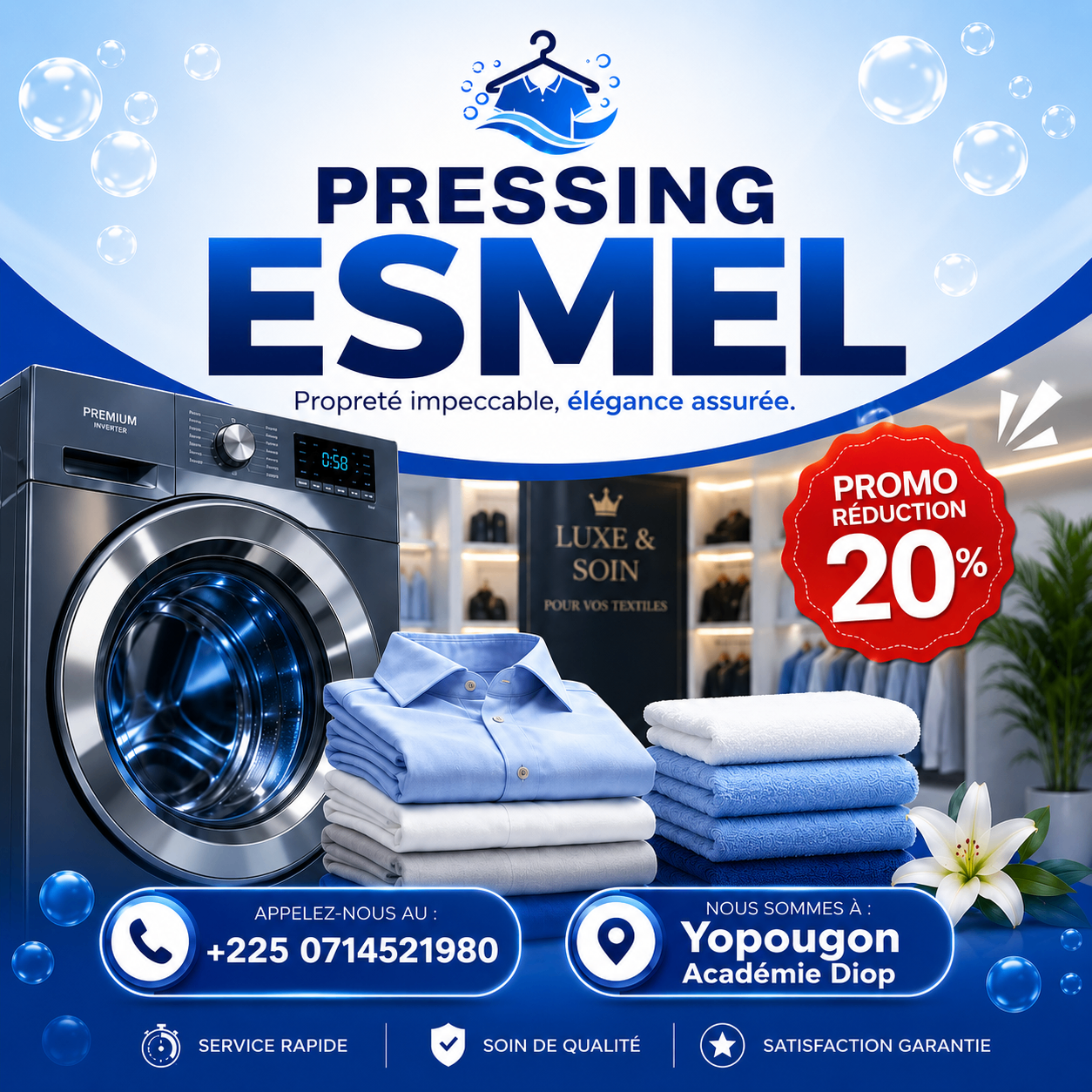 Visuel carré Pressing Esmel avec machine à laver premium, linge plié et sceau promo 20 %