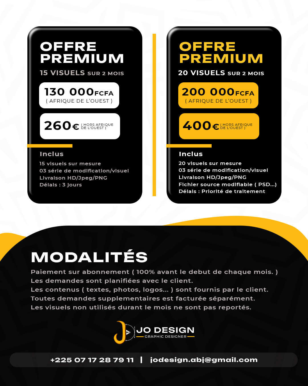 Grille tarifaire des offres Premium de JO Design avec modalités