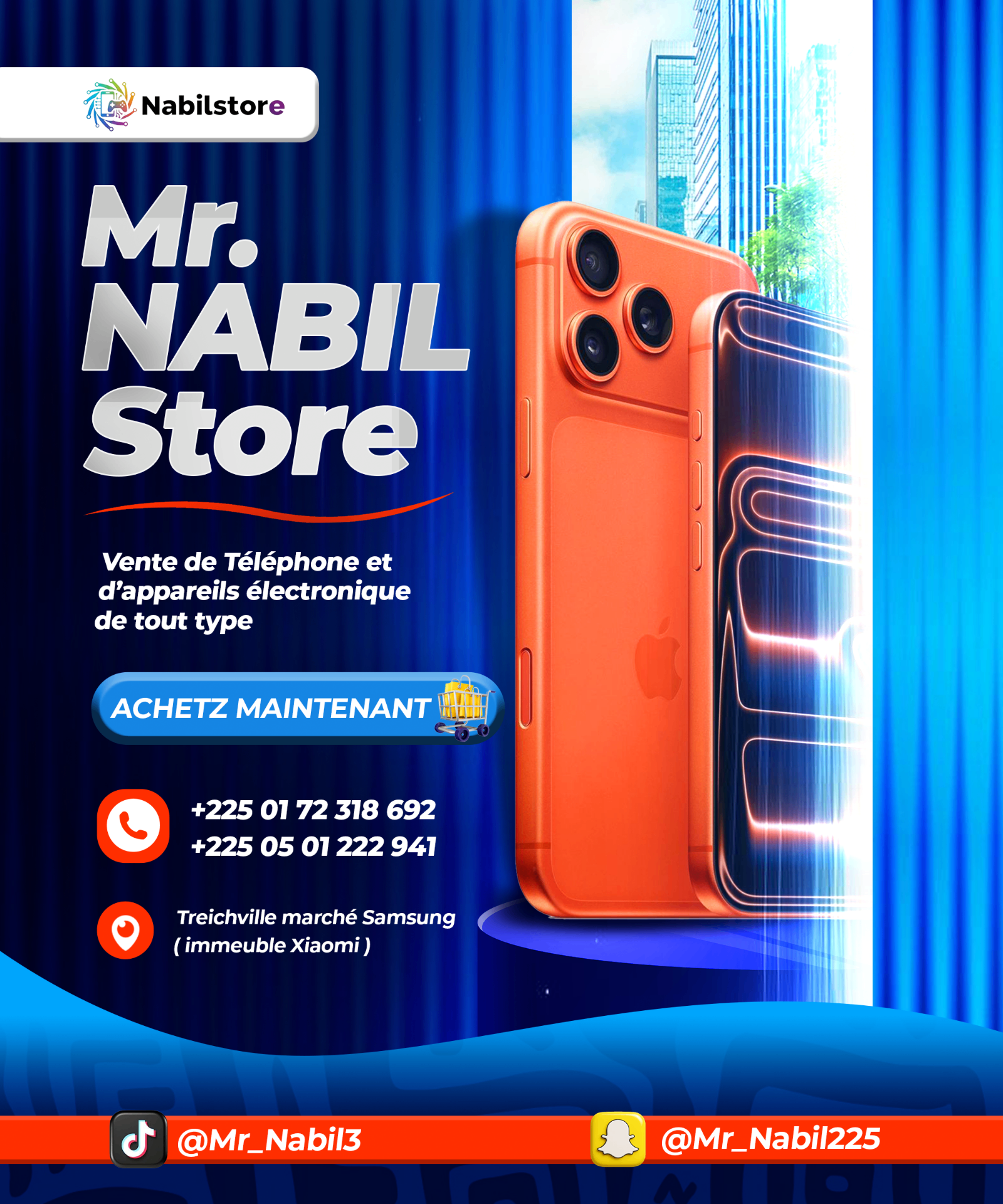 Visuel Mr. Nabil Store présentant un smartphone orange sur fond bleu