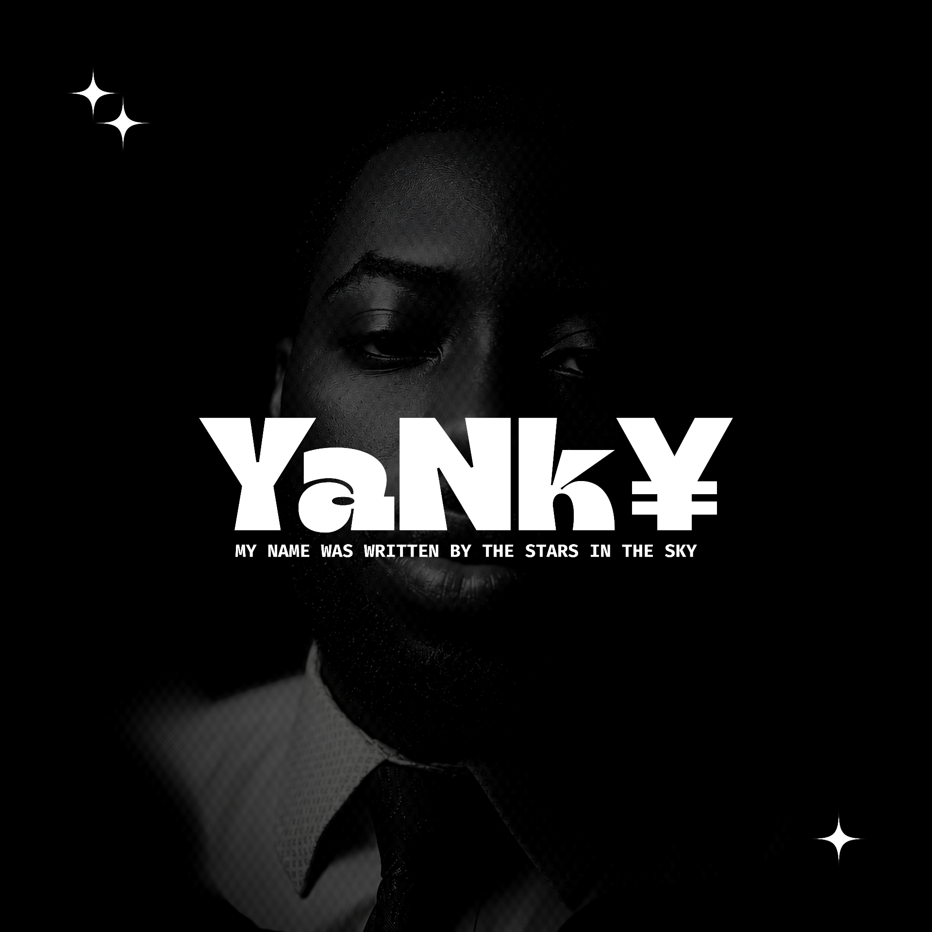 Visuel YaNk¥ noir et blanc avec portrait en clair-obscur et étoiles