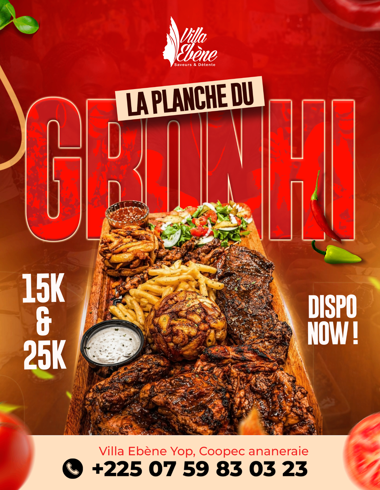 Affiche La Planche du Gbonhi de Villa Ébène, typographie rouge massive et planche de grillades