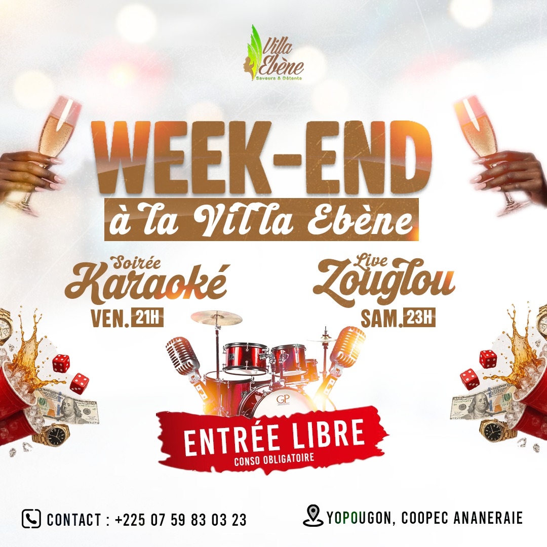 Affiche Week-end à la Villa Ébène, soirée karaoké et live zouglou
