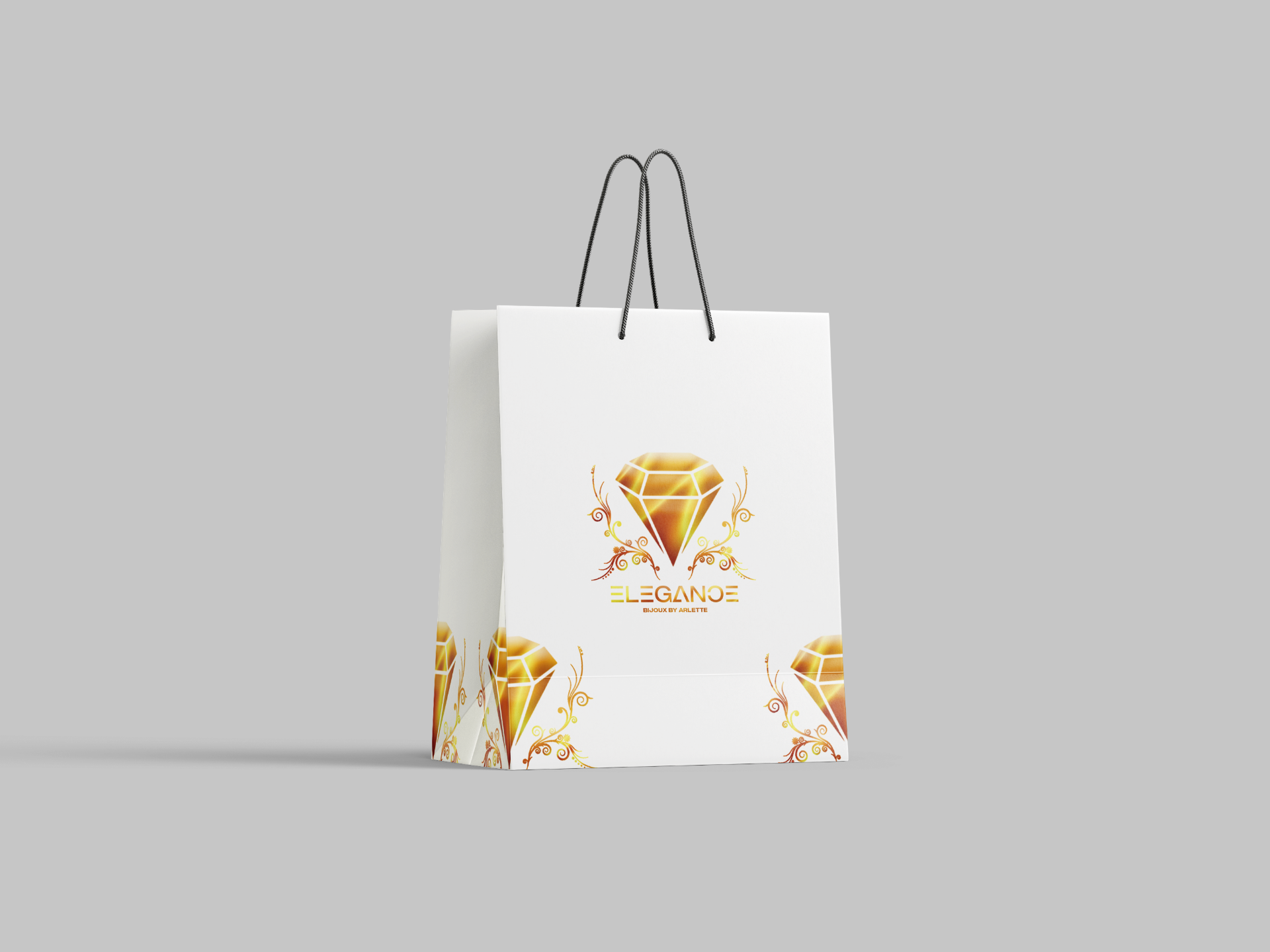Sac boutique blanc Elegance Bijoux avec diamant doré et arabesques