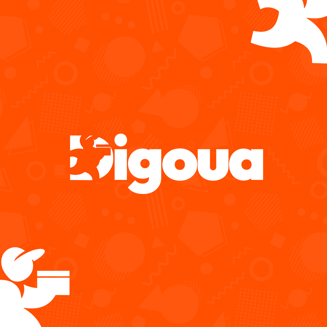 Logo Bigoua en lettrage blanc sur fond orange à motifs géométriques