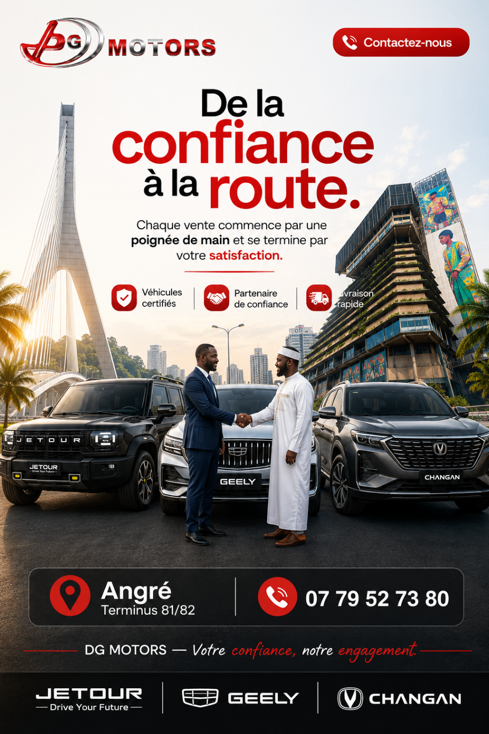 Affiche DG Motors De la confiance à la route avec poignée de main devant trois SUV