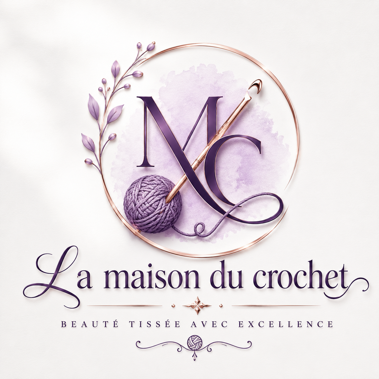 Logo La maison du crochet avec monogramme MC violet, pelote de laine et crochet doré