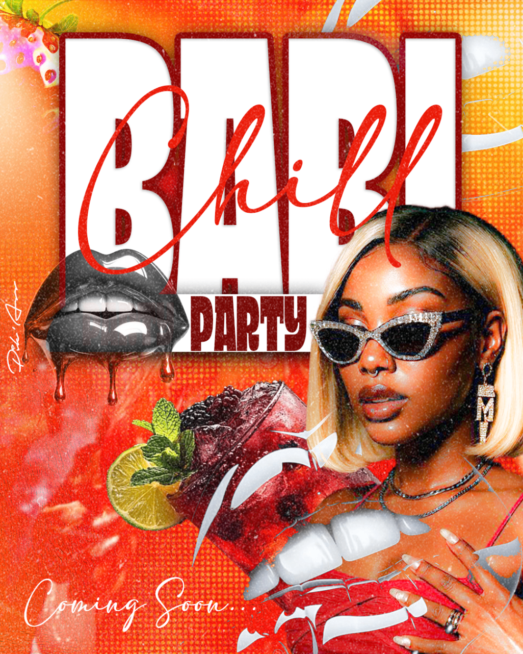 Affiche Babi Chill Party avec cocktail, lèvres et portrait glamour