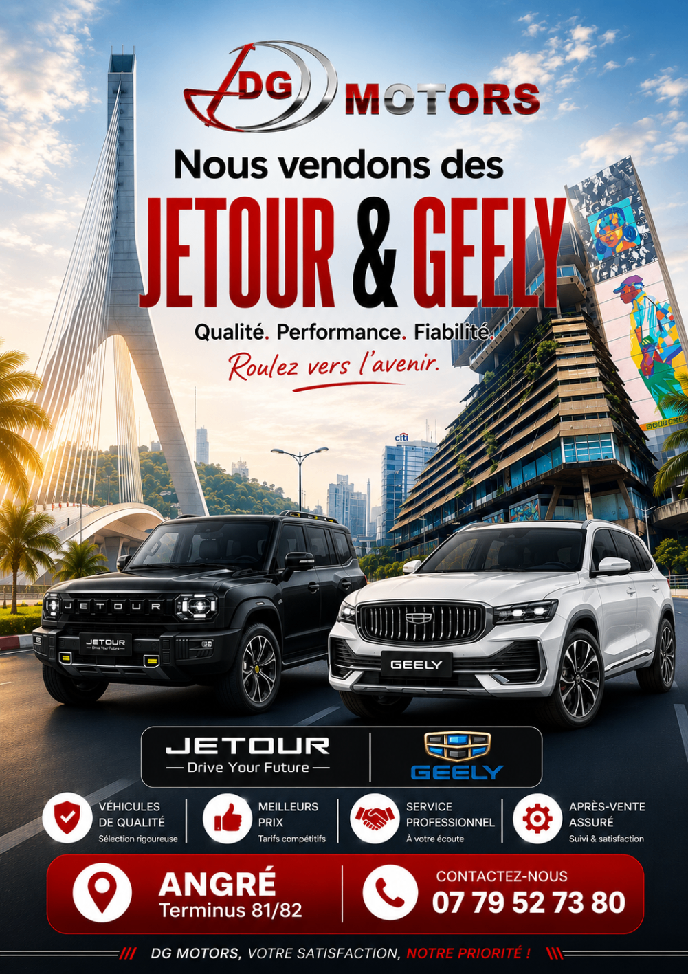 Affiche DG Motors Nous vendons des Jetour et Geely avec SUV noir et blanc