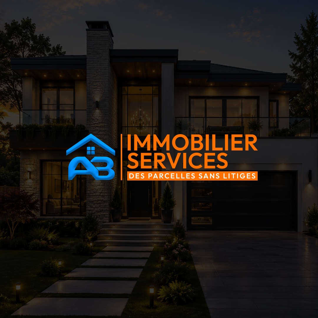 Logo AB Immobilier Services appliqué sur la photo d'une villa moderne de nuit